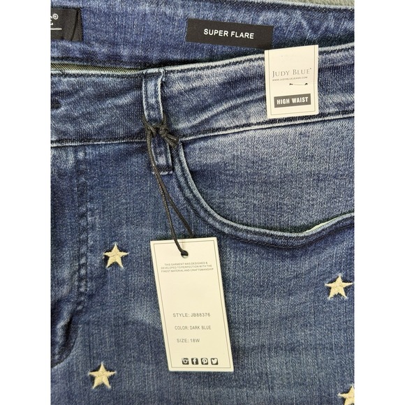 New Judy Blue Jeans Womens 18W Blue High Rise Super Flare Embroidered Stars - Picture 8 of 11